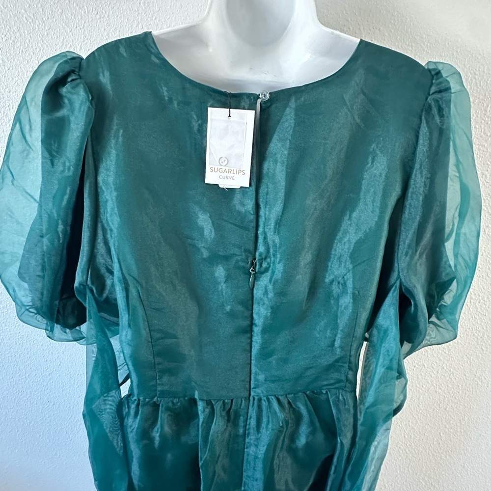 NWT Sugarlips Elegant Green Puff Sleeve Dress - Picture 4 of 8